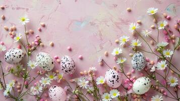 AI generated Easter eggs and flowers on a pastel background with ample copy space. photo