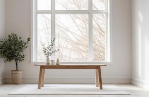 AI generated white room with a wooden table near the windows photo