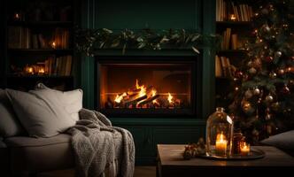 AI generated A Luxurious Scene. Winter Lights Next to Burning Fire, Dark Beige and Green Tones, Spot Metering photo