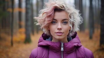 AI generated A young woman with white curly hair in a purple jacket stands in the forest and looks at the camera photo