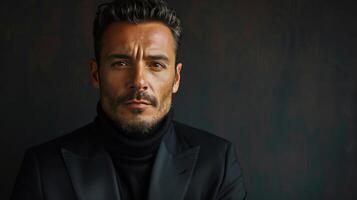 AI generated Handsome Spanish businessman in a black suit on a black minimalistic background looking at the camera photo