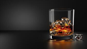 AI generated A glass with whiskey and ice cubes stands on a minimalistic black background on the left photo