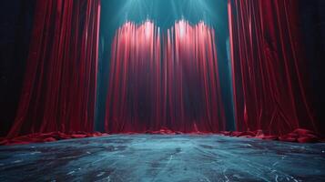 AI generated Abstract minimalistic theater stage background. There is no one on stage. The red velvet curtains are drawn photo