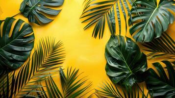 ai generado tropical palma hojas arreglado en un plano laico verano antecedentes con un vacío espacio foto