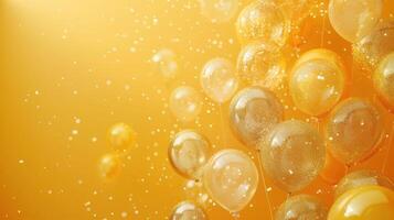 AI generated Frame of gold and transparent inflatable Balloons with glitter on a minimalistic yellow background photo