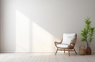 AI generated open shutters and wicker chair in the corner of a room photo