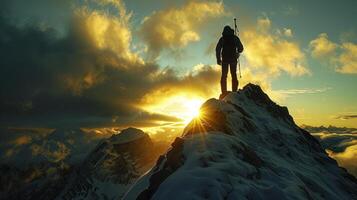 AI generated Silhouette of a Climber on Mountain Summit at Sunrise photo