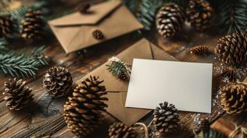 AI generated A white paper card placed on a rustic wooden table, accompanied by a brown envelope and pine cones photo