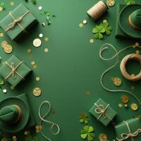 AI generated Saint Patrick's Day. A top-view image featuring leprechaun hat gift boxes, twine spool, gold coins, photo