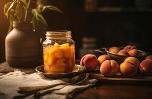 AI generated a jar with peaches and a spoon on top photo