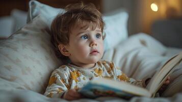 ai generado un joven niño en pijama, atentamente escuchando a un hora de acostarse historia, cautivado por cuentos de aventuras foto