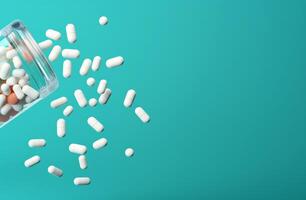 AI generated pills fall from a bottle onto a blue background photo