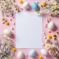AI generated White paper on minimalist pink background with chamomile flowers, Easter eggs. photo