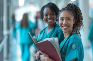 AI generated two nurses holding books and presenting their work to others photo