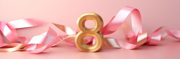 AI generated a number 8 with confetti and pink ribbons on a pink background photo