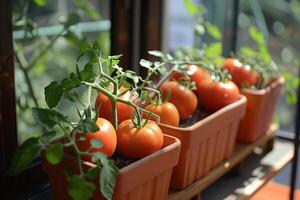 ai generado creciente Tomates en contenedores es un genial camino a hacer esta foto