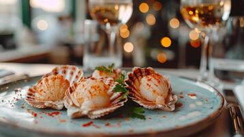 ai generado vieiras en conchas en un plato mentira en el mesa en un lujo pescado restaurante foto