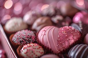 ai generado San Valentín día chocolate caja lleno de golosinas y galletas foto