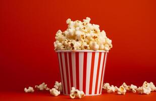 AI generated on a red background a bucket of popcorn is sitting in front of a camera photo