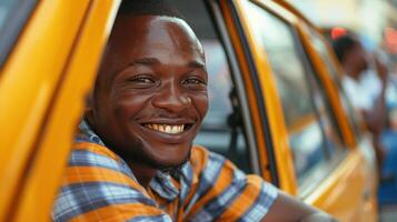 AI generated Young taxi driver smiling while sitting in his car and looking at the camera photo