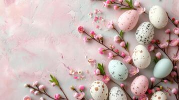 ai generado Pascua de Resurrección huevos y flores en un pastel antecedentes con amplio Copiar espacio. foto