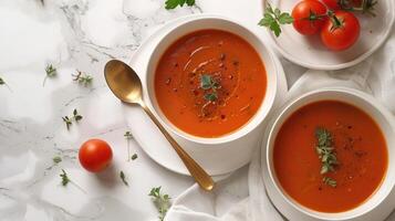 ai generado hermosa foto de tomate sopa en blanco platos en un blanco mármol mesa