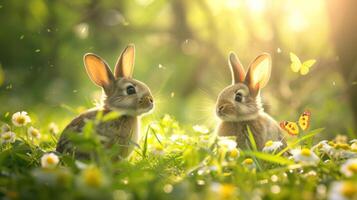 ai generado un caprichoso Pascua de Resurrección cuento de hadas escena, con un mágico bosque fondo, revoloteando mariposas foto