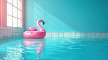 AI generated An inflatable ring in the shape of a pink flamingo floats in the blue pool on the left photo