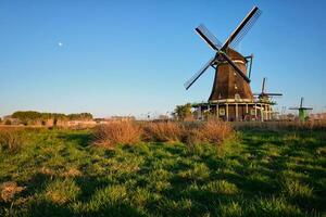 Windmills at Zaanse Schans in Holland on sunset. Zaandam, Nether photo