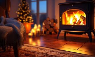 AI generated a fireplace with a wood stove in the background photo
