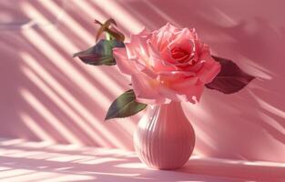 AI generated pink rose in a vase on pink background photo