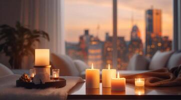 AI generated candles lit next to a fireplace and cityscape for a quiet home photo