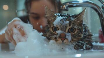 AI generated a young woman washes a cat in the washbasin. the cat is all wet and covered in shampoo foam photo