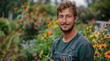 ai generado joven hermoso granjero en un verde camisa y mezclilla mono mira sonriente a el cámara foto