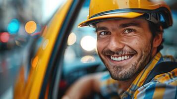 ai generado joven Taxi conductor sonriente mientras sentado en su coche y mirando a el cámara foto