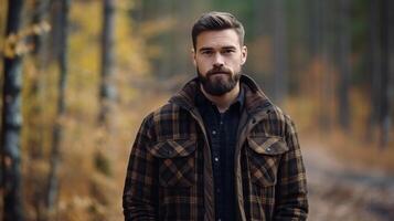 ai generado un hombre vistiendo un tartán camisa y oscuro marrón chaqueta soportes en el bosque, frente a el cámara, con amplio espacio para texto. foto
