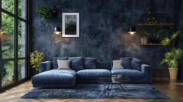 AI generated Beautiful modern living room in LOFT style in dark blue and black tones photo