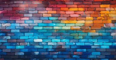 AI generated red brick wall painted in rainbow colors photo