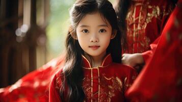AI generated Elegant Siblings in Traditional Red Attire photo