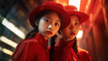 AI generated Elegant Siblings in Traditional Red Attire photo