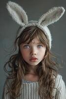 ai generado un bonito niña en conejito orejas con grande ojos en un gris fondo, Listo a celebrar Pascua de Resurrección foto