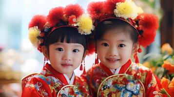 AI generated oyful Young Duo in Ornate Red Costumes photo