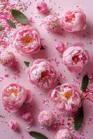 AI generated A top-down image featuring pink peony roses and sprinkles on a pastel pink background with space for customization photo