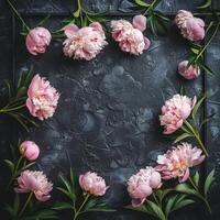 AI generated Peonies in a stunning dark-colored frame. Black floral backdrop photo