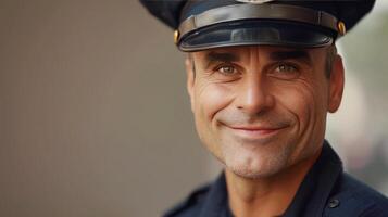 ai generado un simpático policía oficial, en uniforme, parpadea un calentar sonrisa, encarnando la seguridad y confiar dentro el comunidad foto