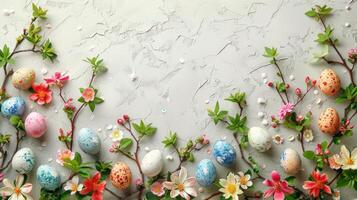 AI generated Minimalistic Easter background with colorful eggs, flowers, and ample text space. photo