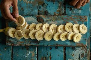 AI generated sliced bananas on a blue wooden board photo