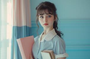 AI generated girl in hospital uniform holding books photo
