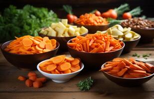 AI generated carrot slices in bowls on a wooden table photo