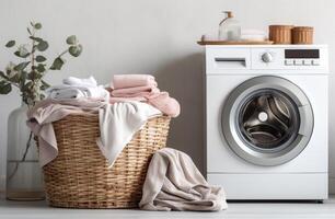 AI generated laundry room with washing machine on white wall and basket photo